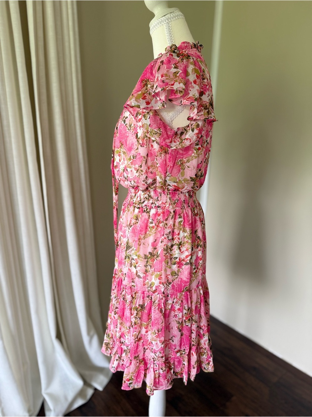 MSK Smocked Waist Tie Crew Neck Dress Pink Floral Ruffle Mini Dress fairycore S - Picture 8 of 12